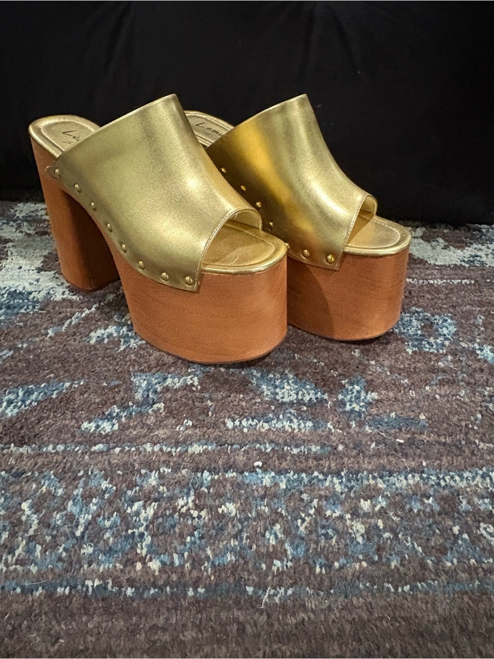 Metallic Gold Platform Mules with Wood Block Heel